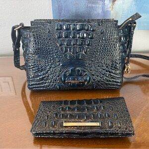 Brahmin Blue Croc-Embossed Leather Crossbody with Matching Aly Wallet